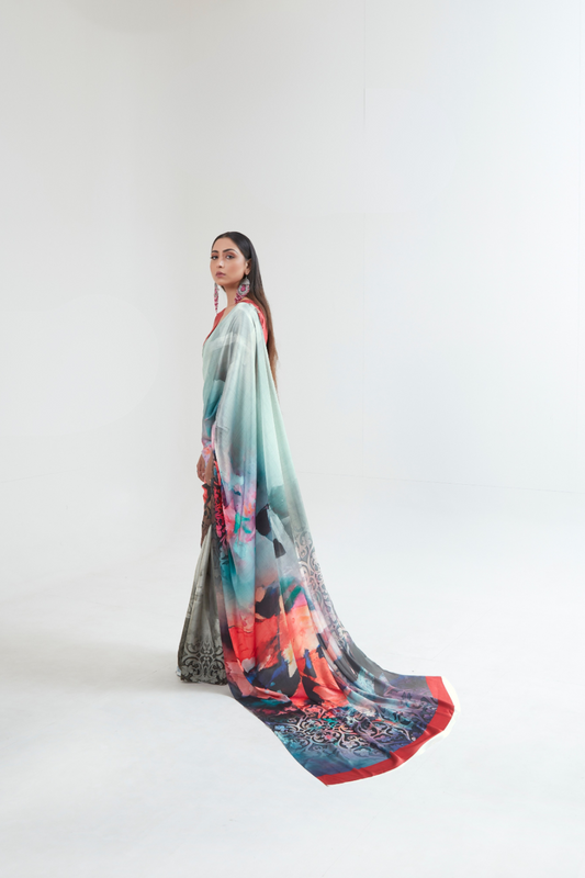 Kouture Digital Satin Silk Saree in Japan Creep Fabric