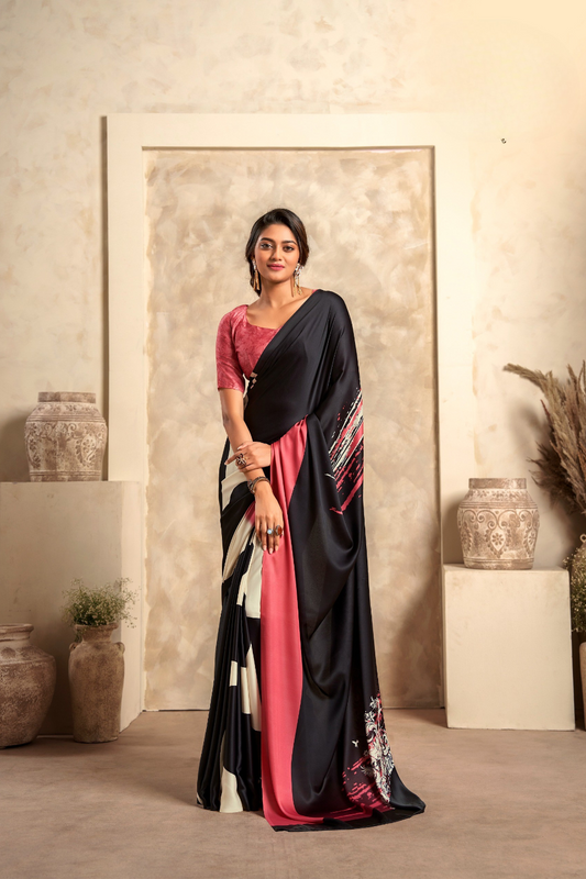 Glossy Soft Satin Fabric with Contemporary Digital Design