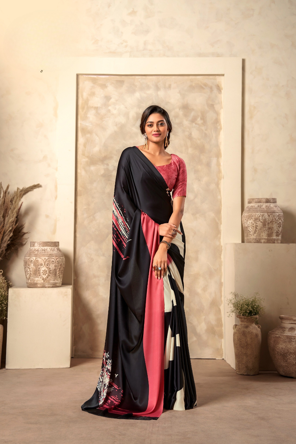 Glossy Soft Satin Fabric with Contemporary Digital Design