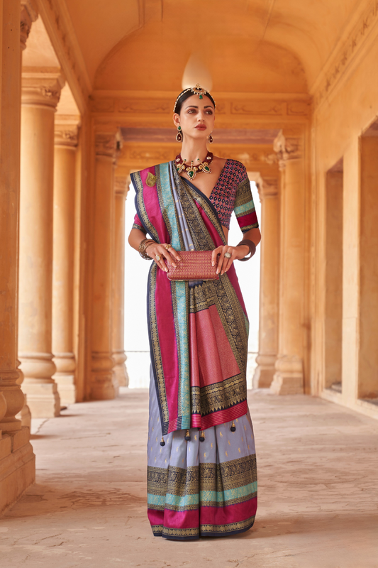 Kanjivaram Style Silk Saree with Designer Brooch and Clutch