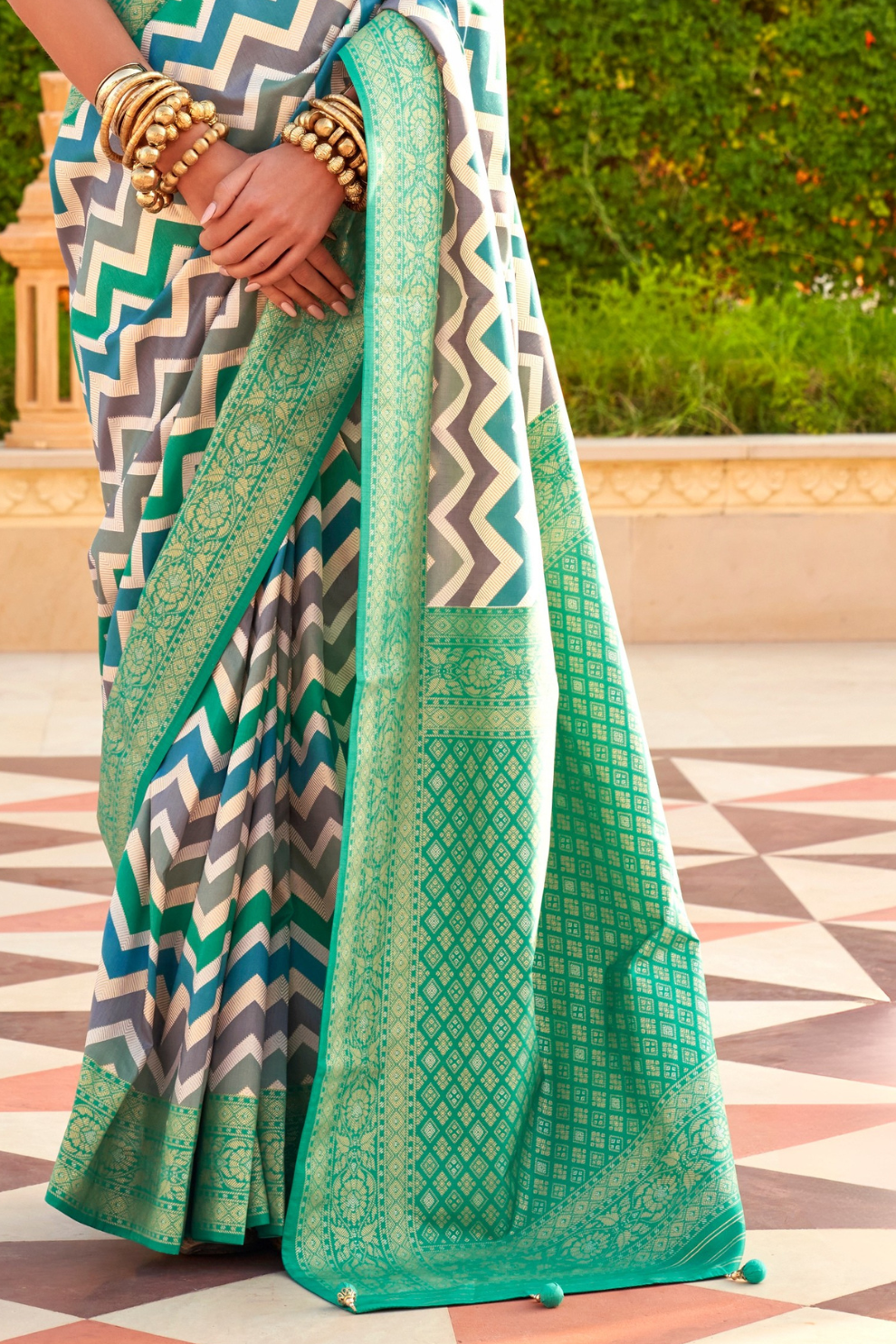 Foil Printed Poly Viscose Silk Saree with Elegant Aqua Finish