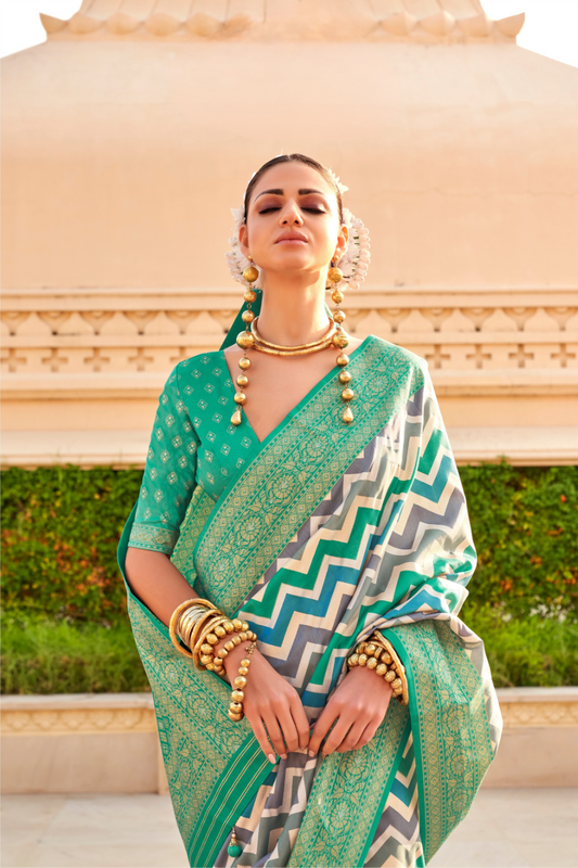 Foil Printed Poly Viscose Silk Saree with Elegant Aqua Finish