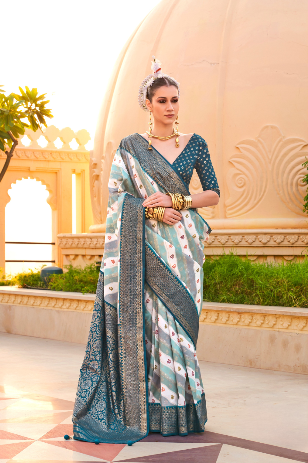 Foil Printed Poly Viscose Silk Saree with Elegant Aqua Finish