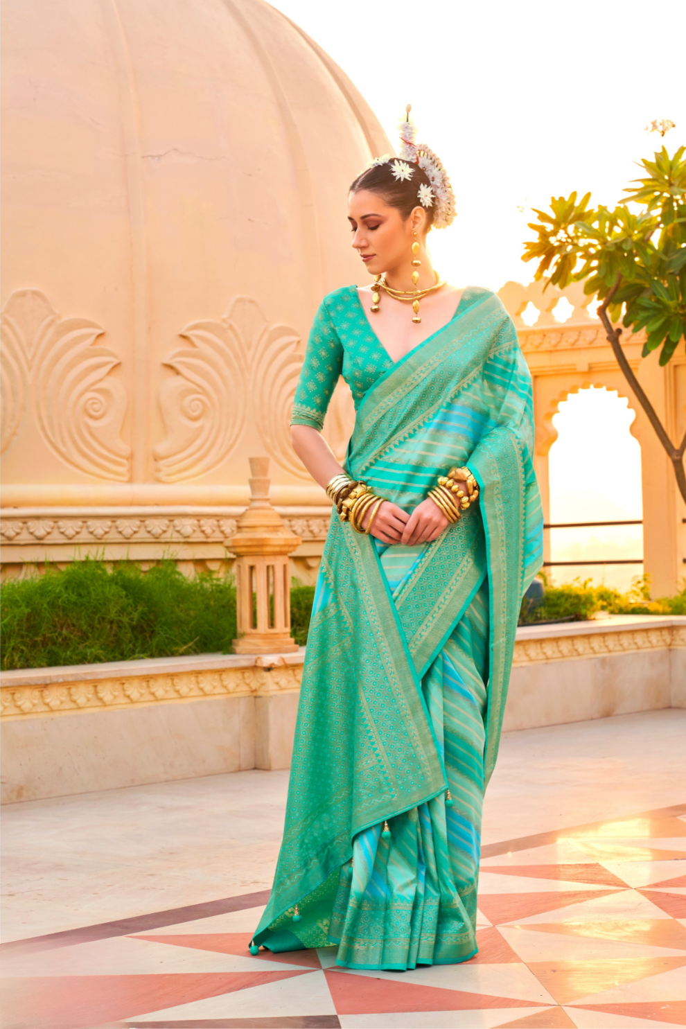 Foil Printed Poly Viscose Silk Saree with Elegant Aqua Finish