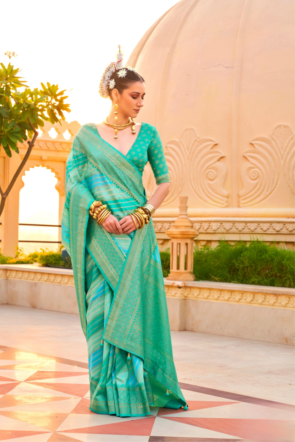 Foil Printed Poly Viscose Silk Saree with Elegant Aqua Finish