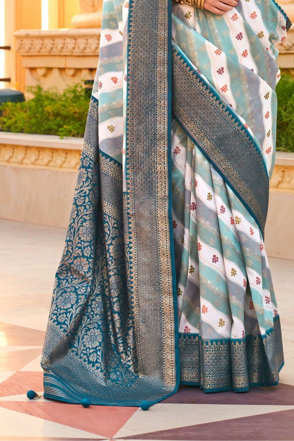 Foil Printed Poly Viscose Silk Saree with Elegant Aqua Finish