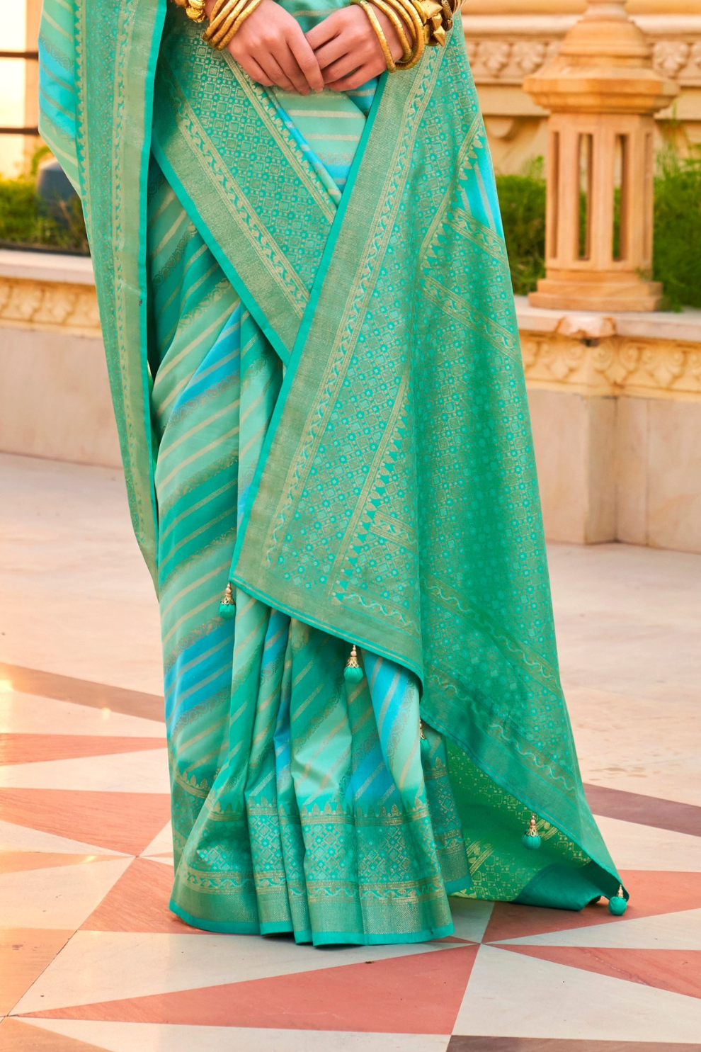Foil Printed Poly Viscose Silk Saree with Elegant Aqua Finish