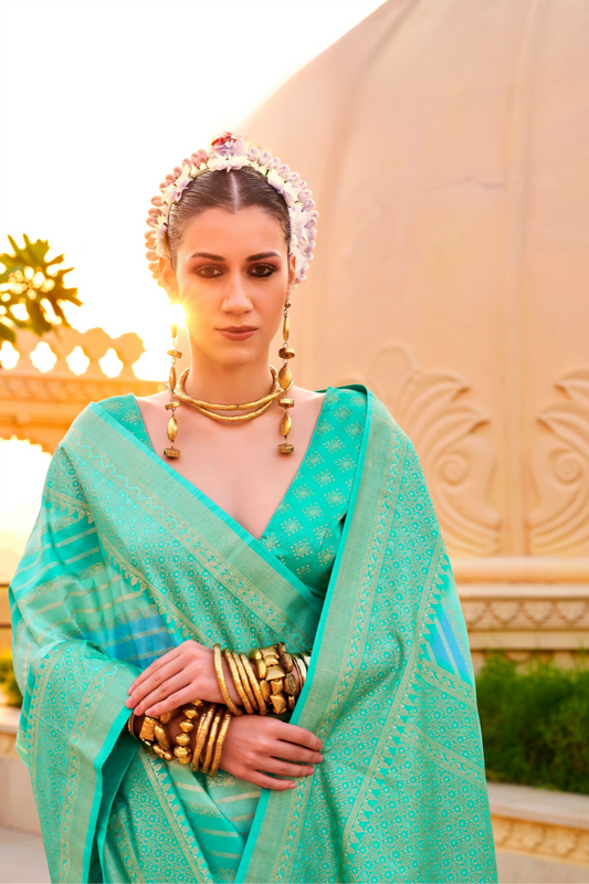 Foil Printed Poly Viscose Silk Saree with Elegant Aqua Finish