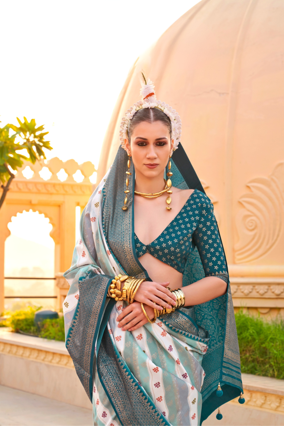 Foil Printed Poly Viscose Silk Saree with Elegant Aqua Finish