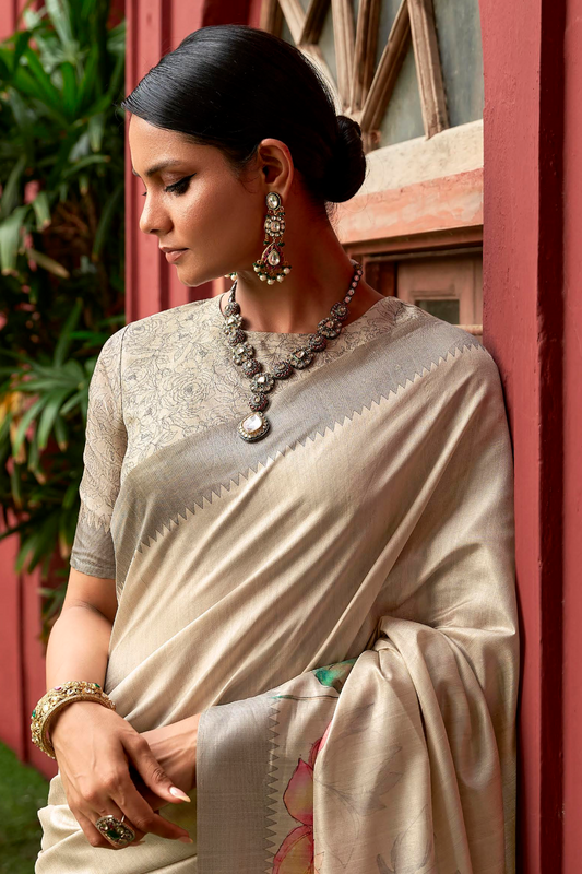 Super Tussar Silk Saree with Excellent Digital Floral Print - LaVante Fashion