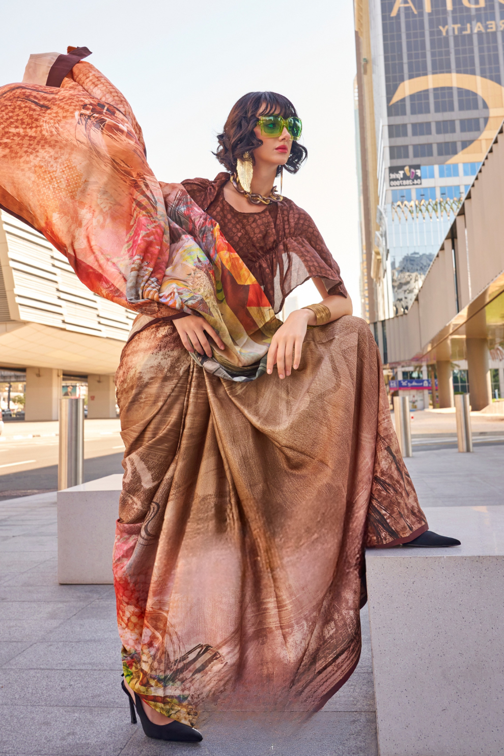 Stylish Swiss Satin Saree with Premium Digital Artwork Prints