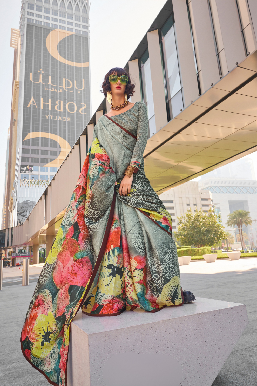 Stylish Swiss Satin Saree with Premium Digital Artwork Prints