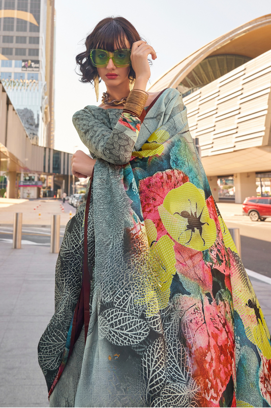 Stylish Swiss Satin Saree with Premium Digital Artwork Prints