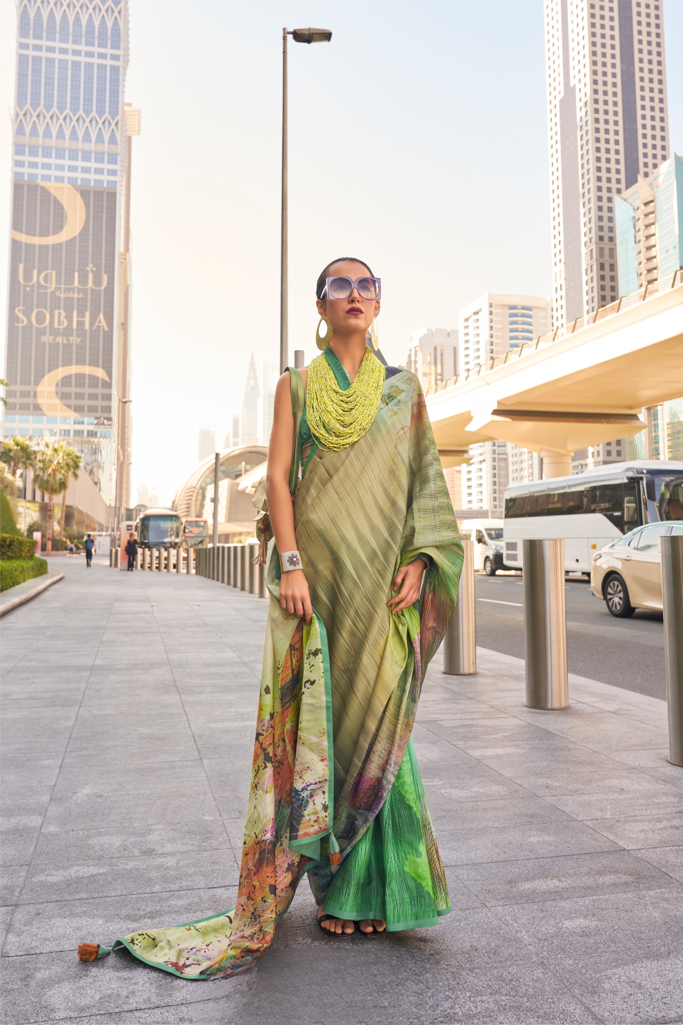 Stylish Swiss Satin Saree with Premium Digital Artwork Prints