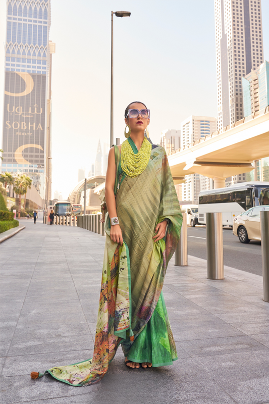 Stylish Swiss Satin Saree with Premium Digital Artwork Prints