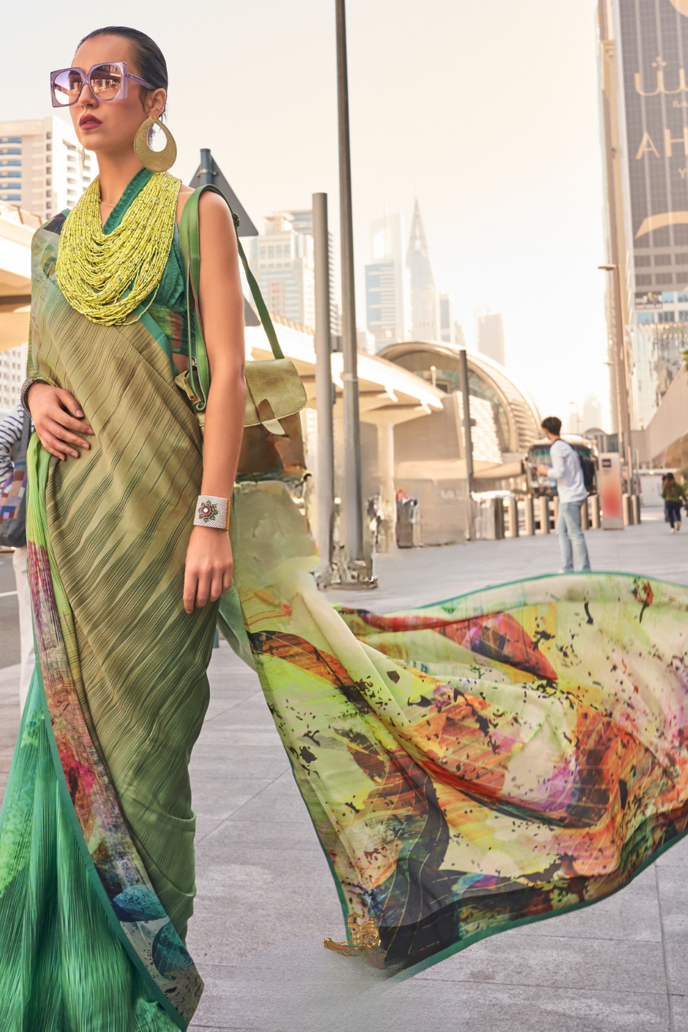 Stylish Swiss Satin Saree with Premium Digital Artwork Prints
