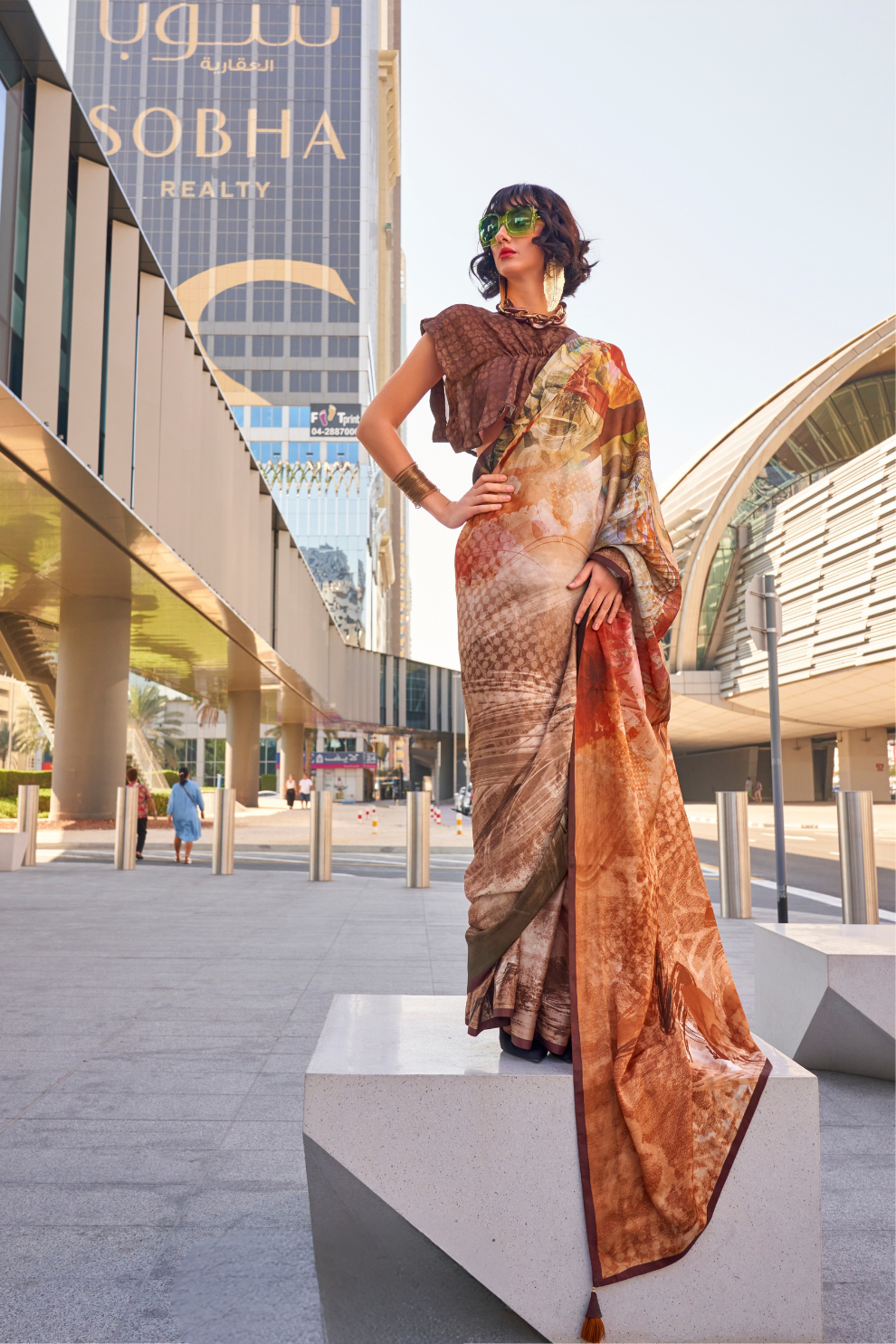 Stylish Swiss Satin Saree with Premium Digital Artwork Prints