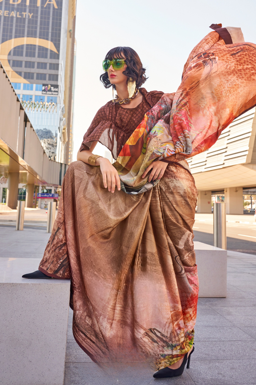 Stylish Swiss Satin Saree with Premium Digital Artwork Prints