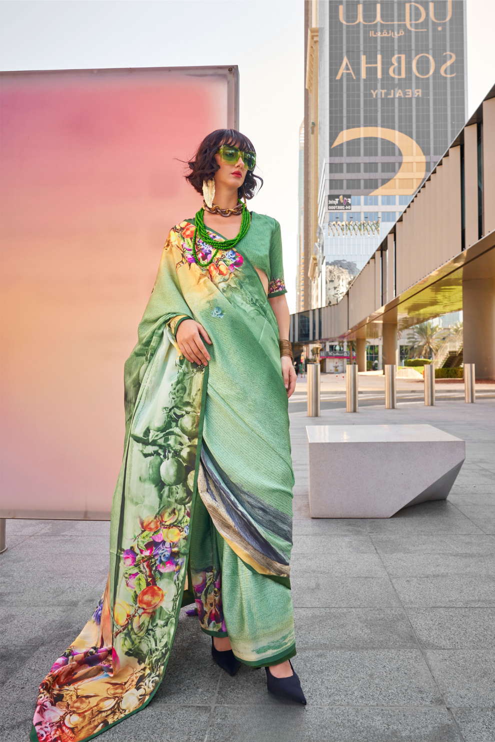 Stylish Swiss Satin Saree with Premium Digital Artwork Prints
