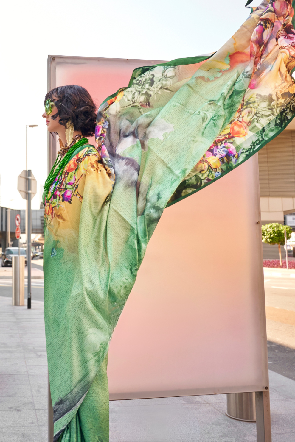 Stylish Swiss Satin Saree with Premium Digital Artwork Prints