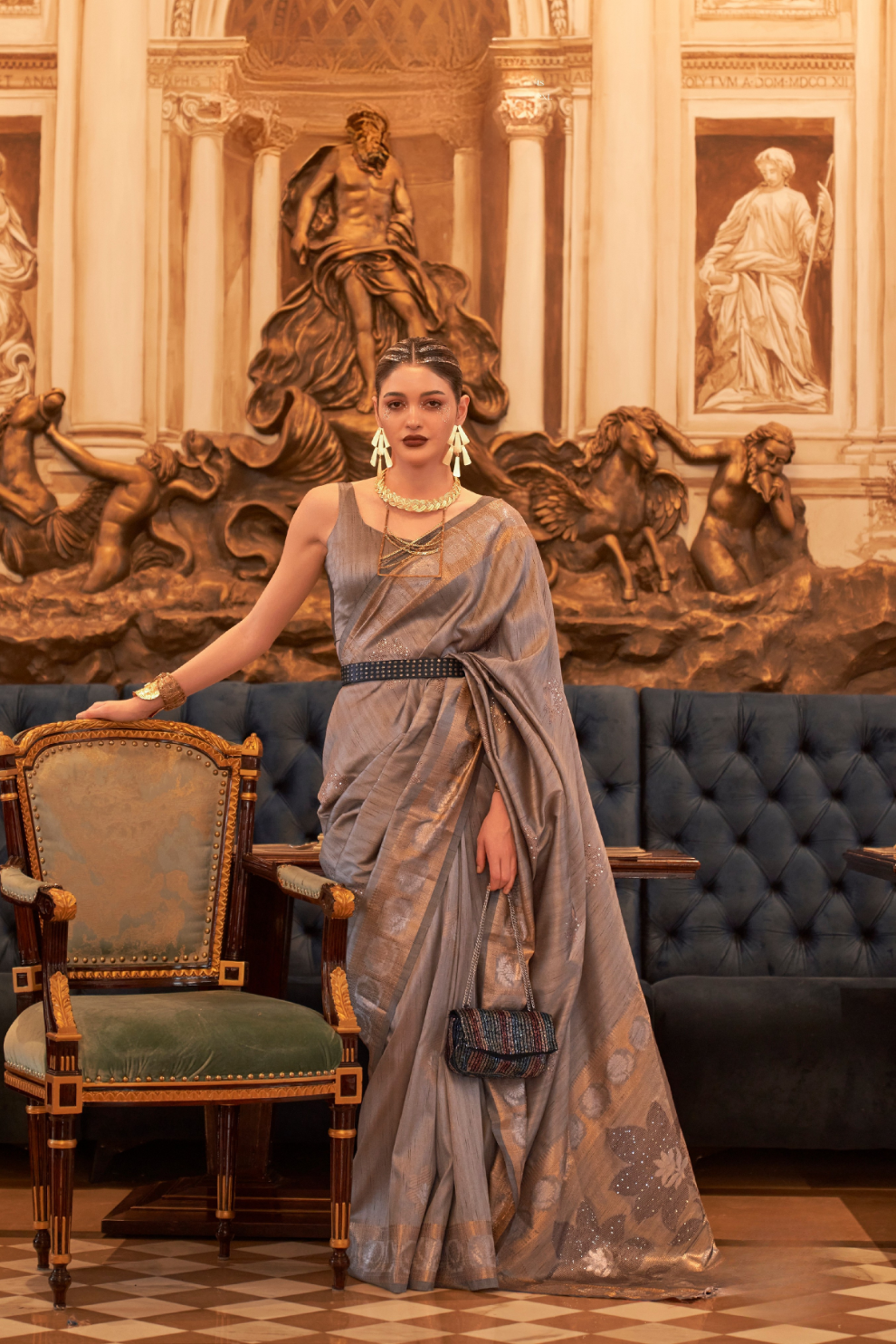 Woven Tussar Silk Saree with Elegant Sequins Work