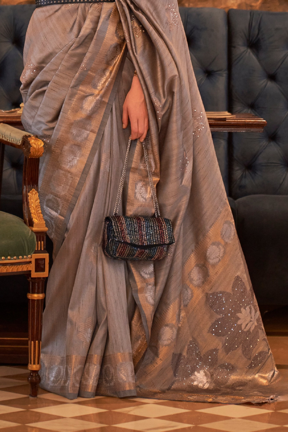 Woven Tussar Silk Saree with Elegant Sequins Work