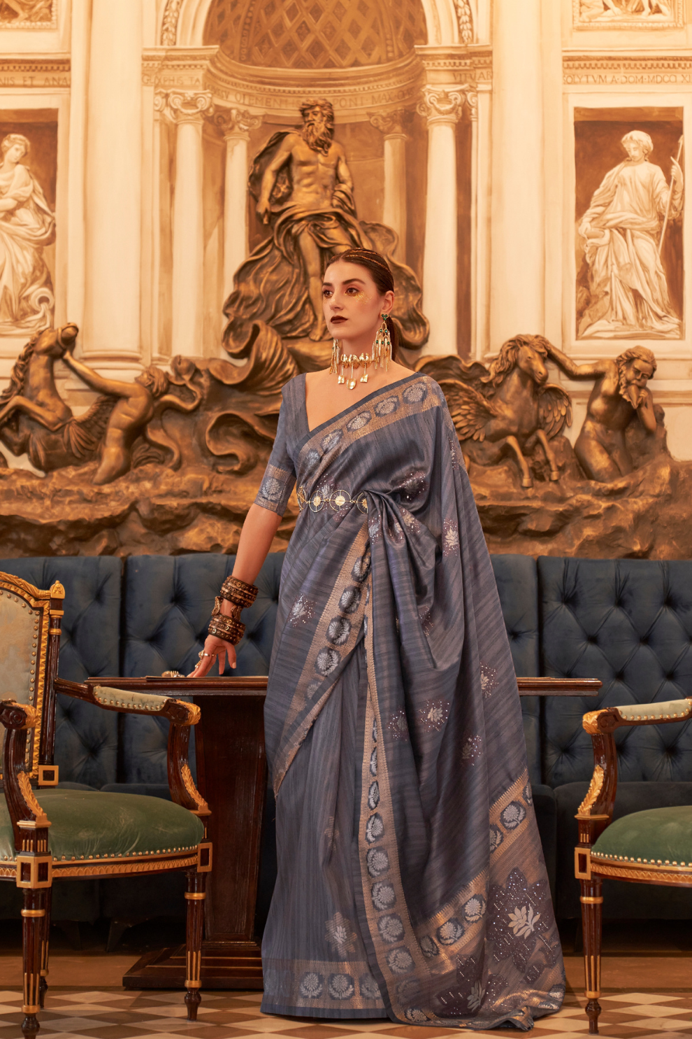 Woven Tussar Silk Saree with Elegant Sequins Work