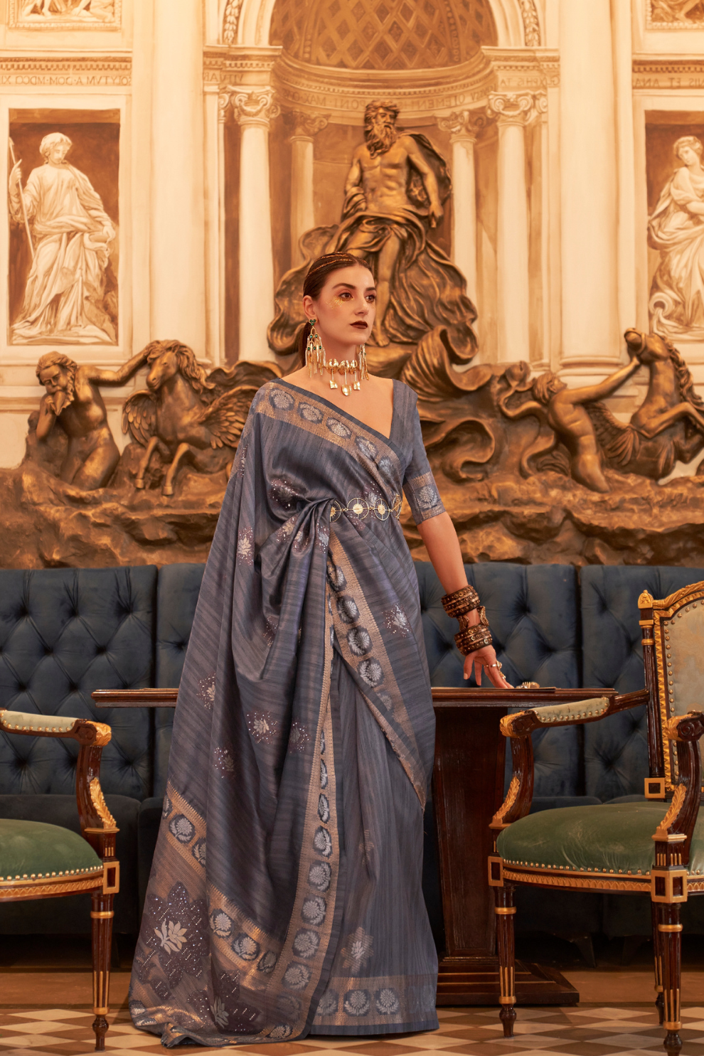 Woven Tussar Silk Saree with Elegant Sequins Work