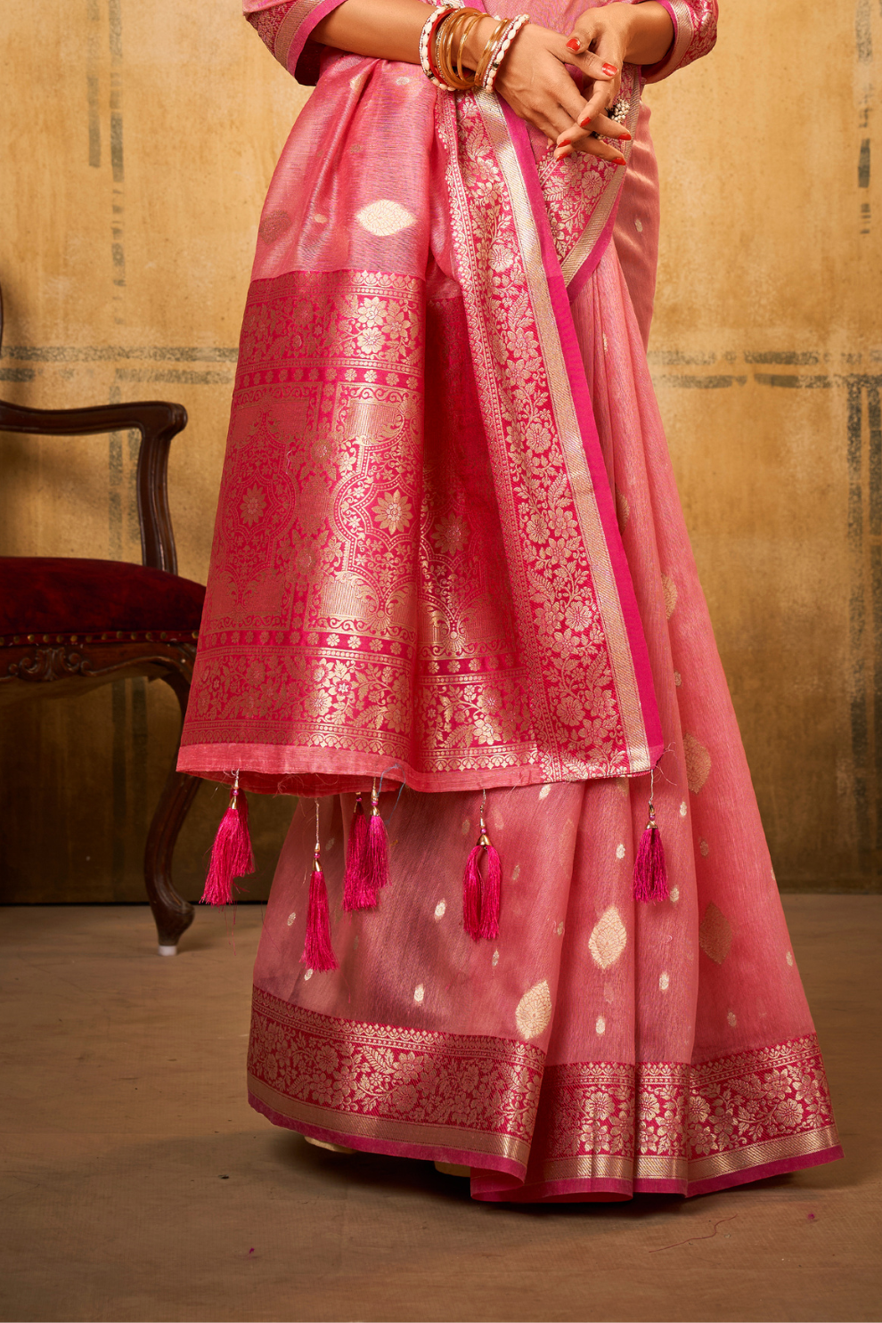 Tissue Silk Elegance Draped in a Striking Contrast Border