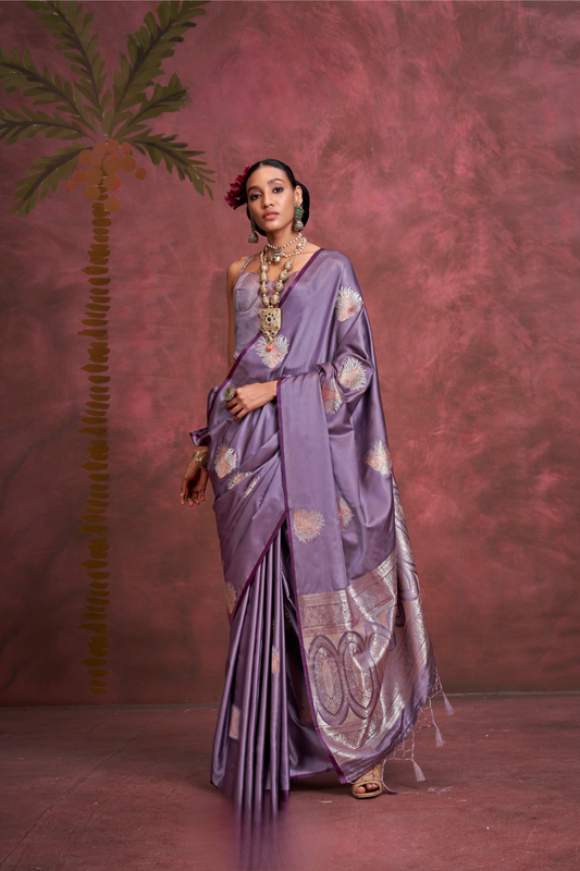 Tone-to-Tone Satin Handloom Saree with Banarasi Zari and Heavy Pallu