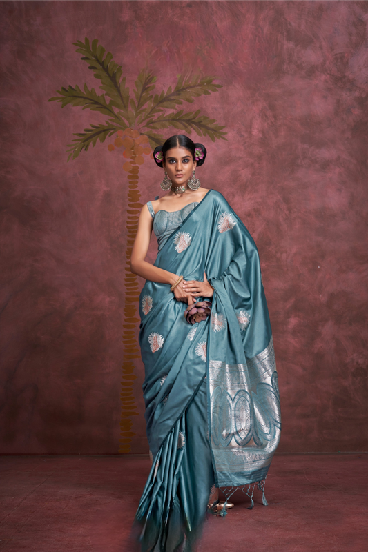 Tone-to-Tone Satin Handloom Saree with Banarasi Zari and Heavy Pallu