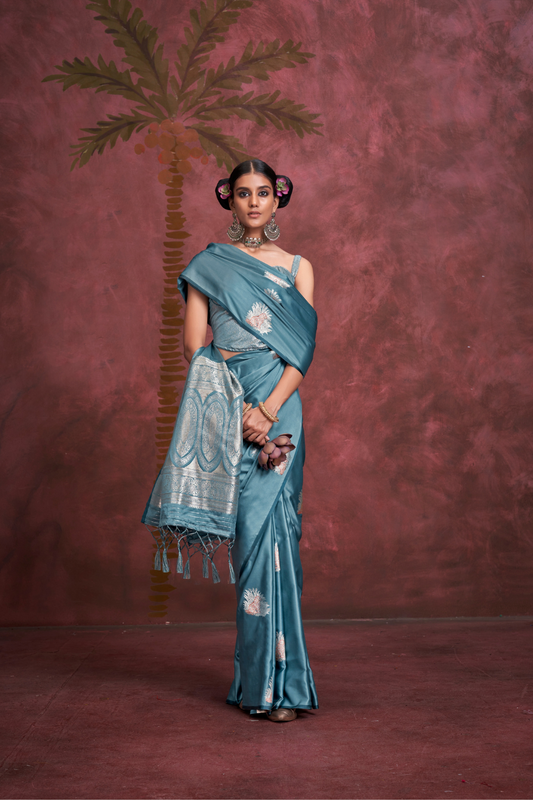 Tone-to-Tone Satin Handloom Saree with Banarasi Zari and Heavy Pallu