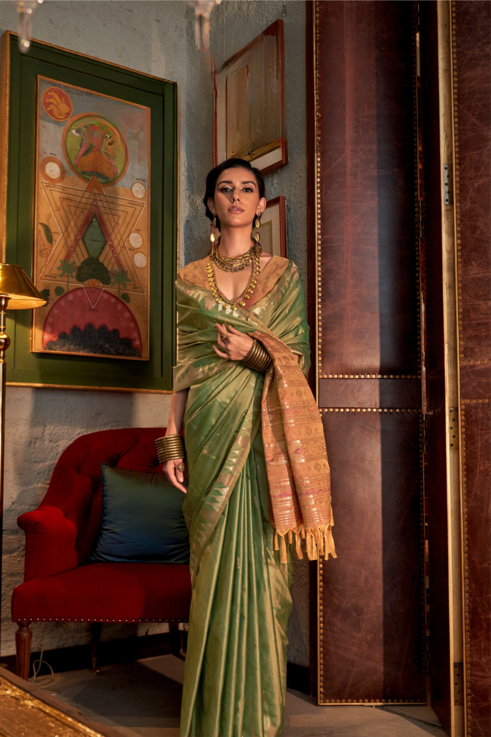 Tussar Silk Saree with Ikkat Pallu and Contrast Blouse