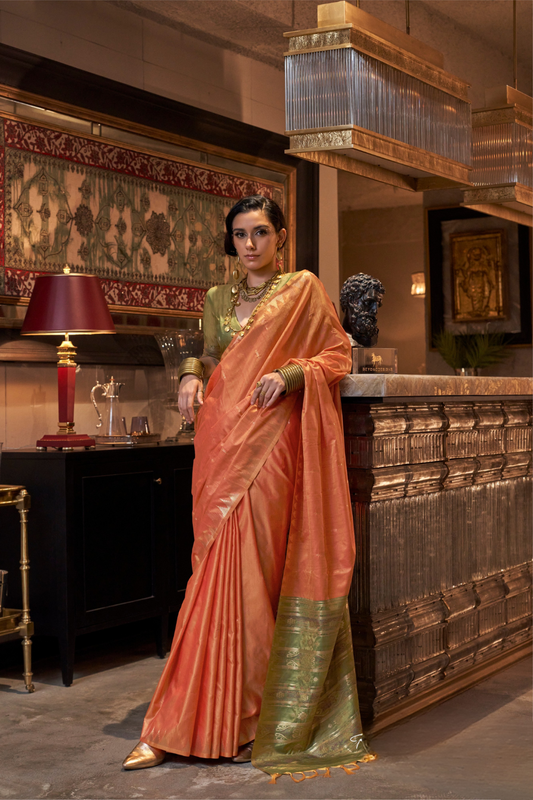 Tussar Silk Saree with Ikkat Pallu and Contrast Blouse