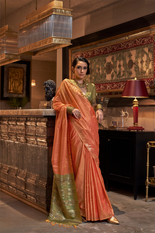 Tussar Silk Saree with Ikkat Pallu and Contrast Blouse