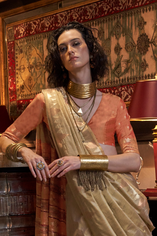 Tussar Silk Saree with Ikkat Pallu and Contrast Blouse