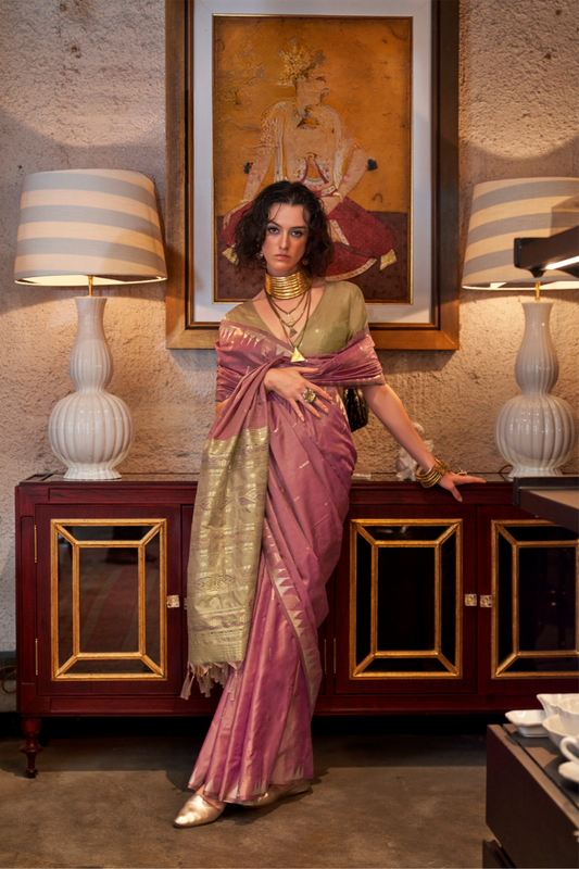 Tussar Silk Saree with Ikkat Pallu and Contrast Blouse