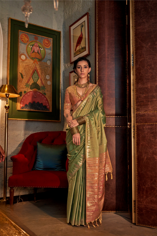 Tussar Silk Saree with Ikkat Pallu and Contrast Blouse