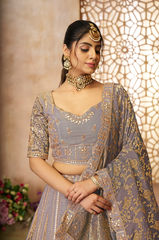 Luxurious Tissue Lehenga Adorned with Banarasi Patches and Zari Craftsmanship