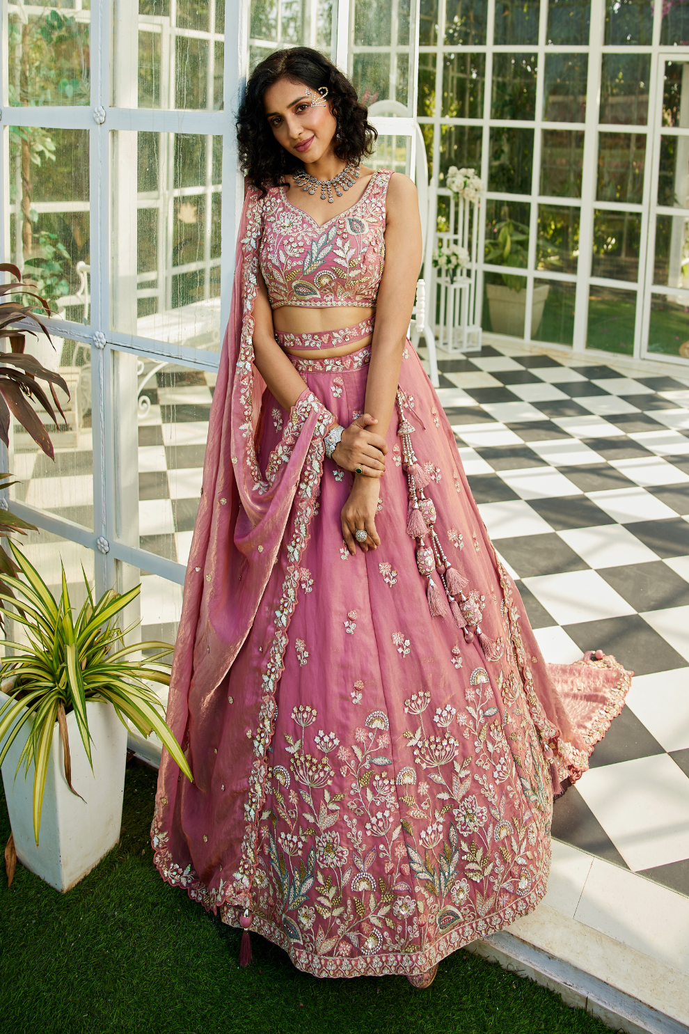 Tissue Fabric Bridal Lehenga with Elegant Embroidery