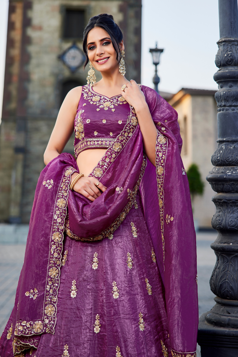 Tissue Fabric Semi-Stitched Lehenga Choli with Handwork Cutdana Embroidery and Dupatta