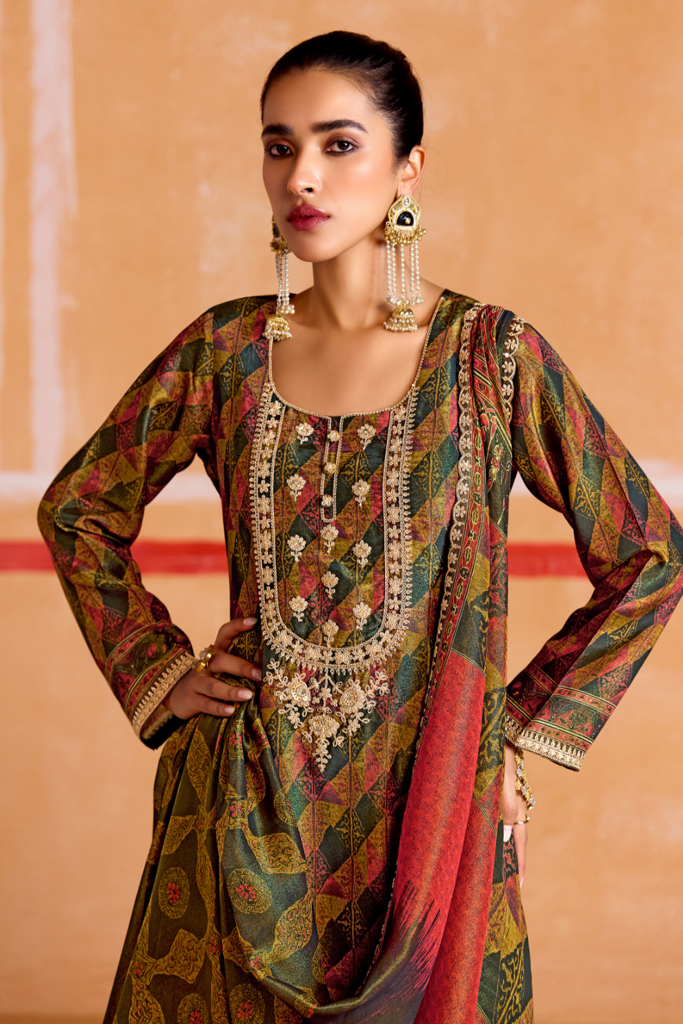 Pure Muslin Straight Salwar Suit with Ceremonial Pitta Embroidery