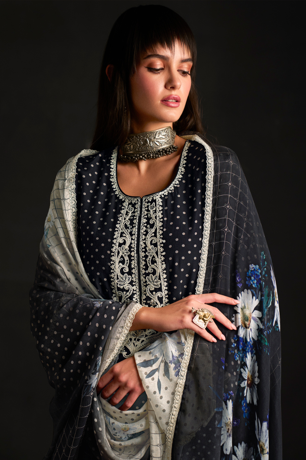 Chic Muslin Salwar Suit with Prints & Embroidered Organza Sleeves