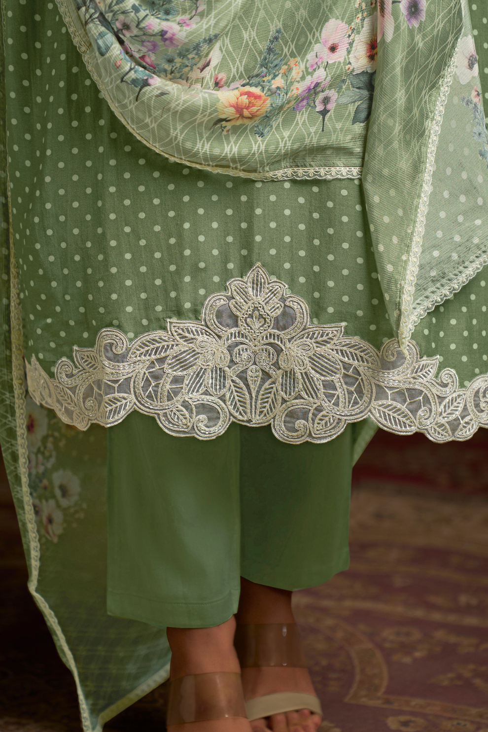 Chic Muslin Salwar Suit with Prints & Embroidered Organza Sleeves