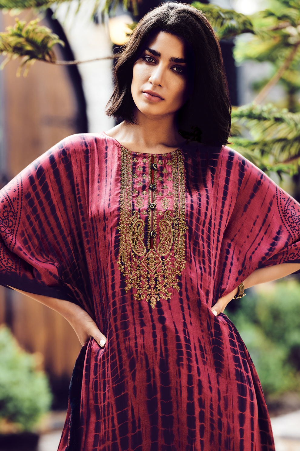 Elegant Shibori Pattern Viscose Kaftan with Pants