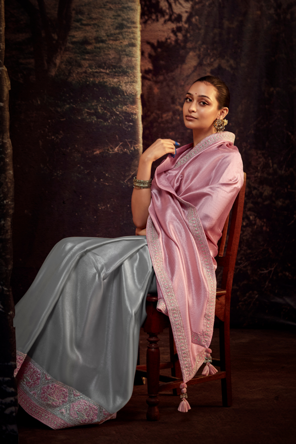 Organza Silk Saree with Embroidered Lace Border & Full Fancy Embroidery