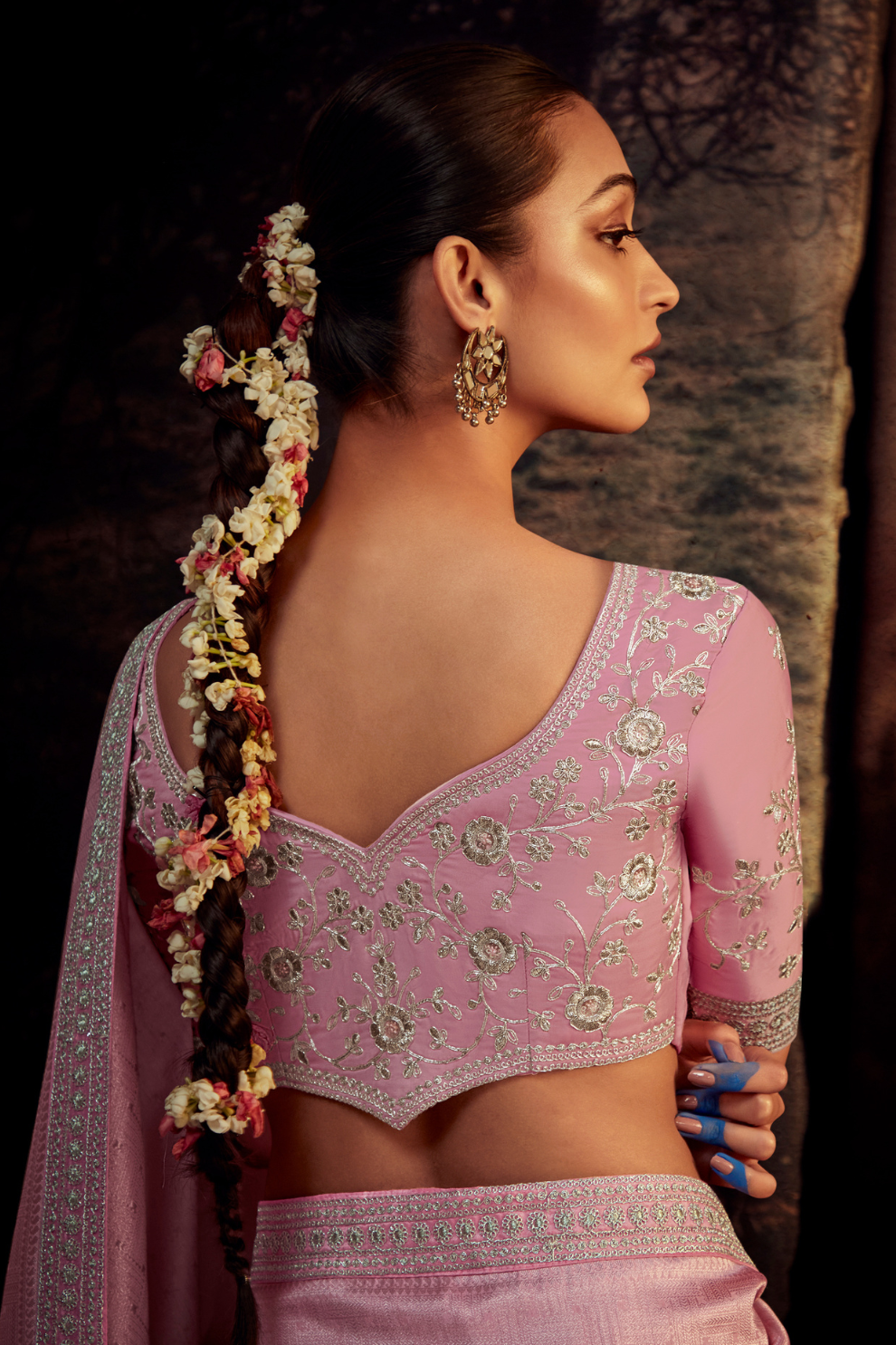 Organza Silk Saree with Embroidered Lace Border & Full Fancy Embroidery