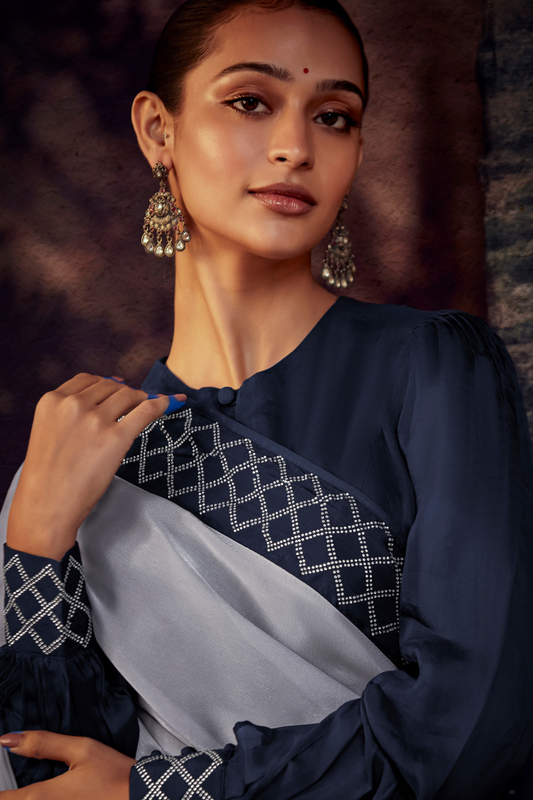 Organza Silk Saree with Embroidered Lace Border & Full Fancy Embroidery