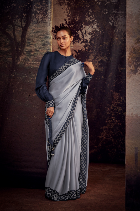 Organza Silk Saree with Embroidered Lace Border & Full Fancy Embroidery