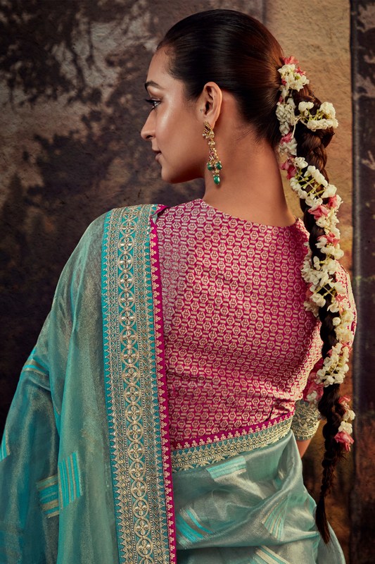 Organza Silk Saree with Embroidered Lace Border & Full Fancy Embroidery